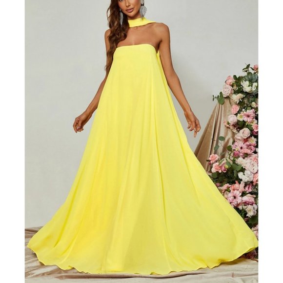 Choker Neck Backless Maxi Dress Yellow FORMAL PROM WEDDING DATE VACATION - Picture 3 of 7